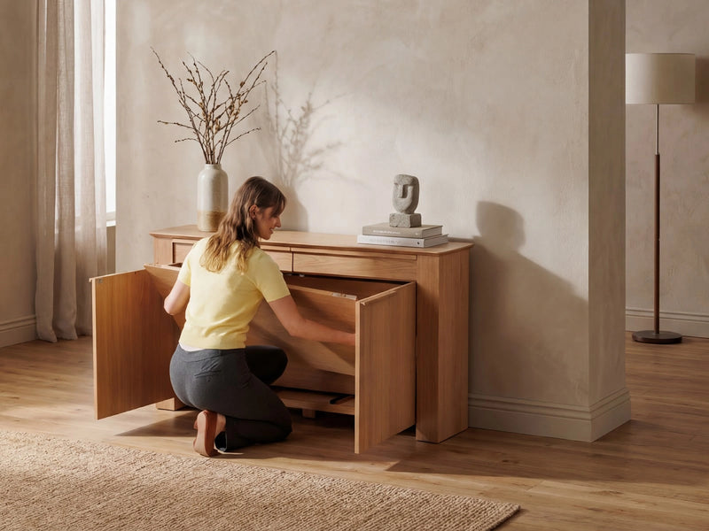 Transformer Table Nova sideboard buffet in a modern design, shown with spacious storage cabinets