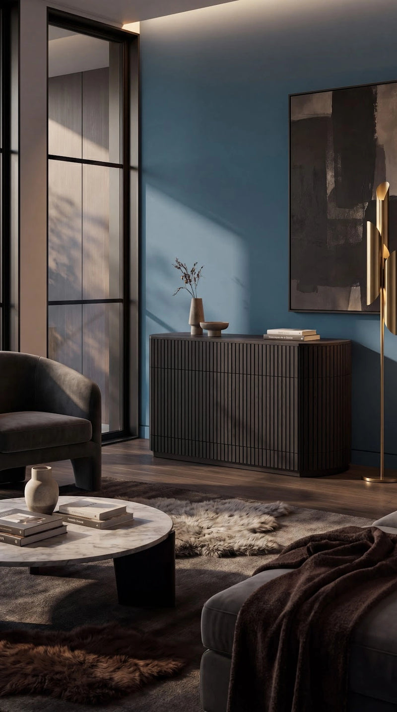 Transformer Table round sideboard buffet in a modern design with spacious storage and a smooth tabletop