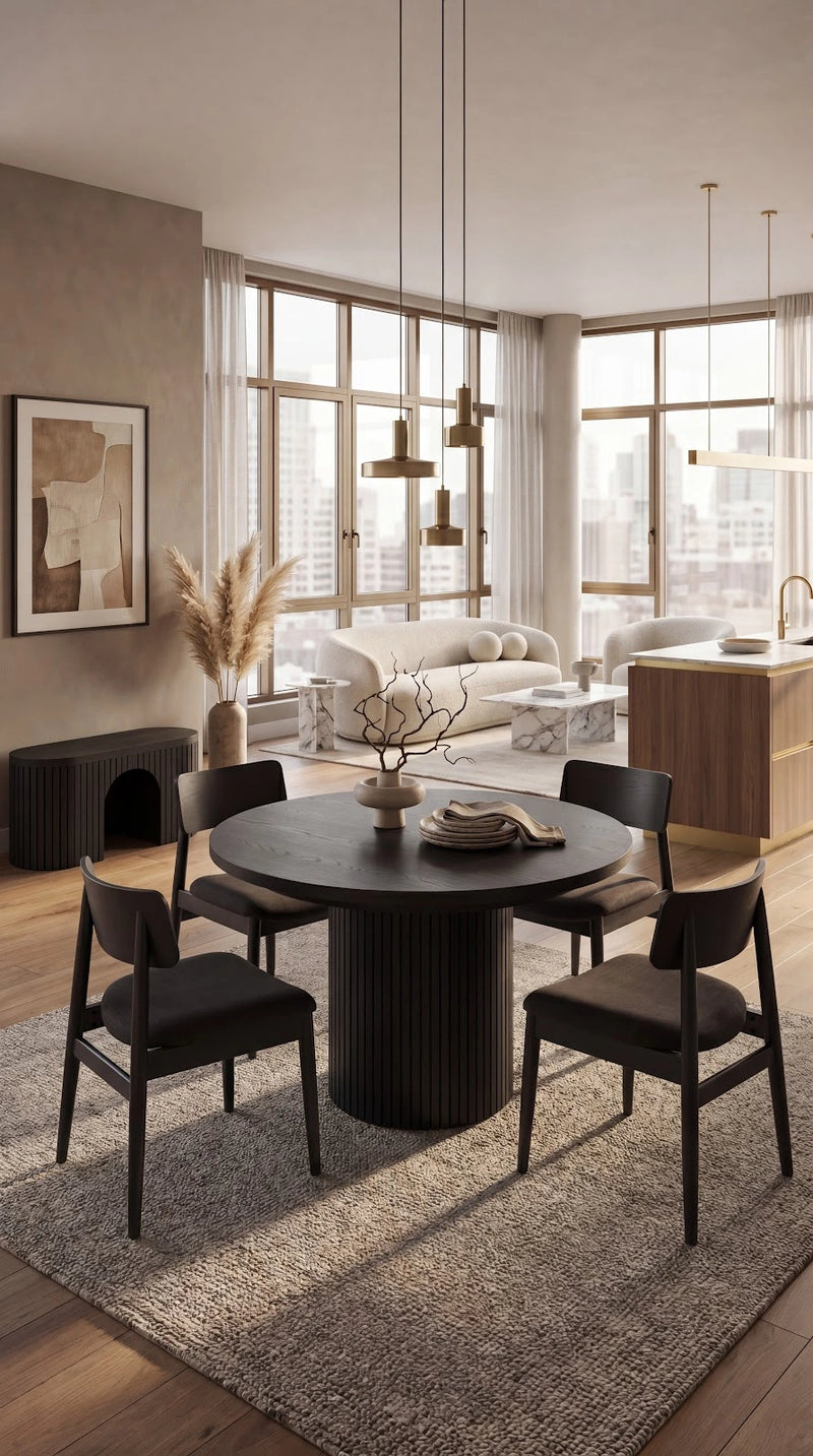 Transformer Table round dining set with expandable round table and matching chairs in a dining room