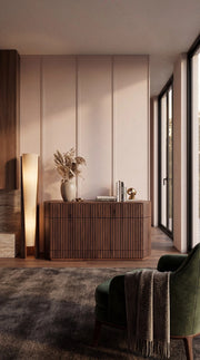 Transformer Table round sideboard buffet in a modern wood finish with curved doors and ample storage