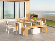 Transformer Table outdoor dining set with expandable table and matching benches in a modern patio setting