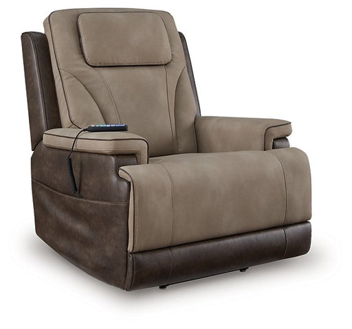 Ashley Furniture 4Z-Peaceful Pause power lift recliner in dark upholstery, showing a side view with closed recline position