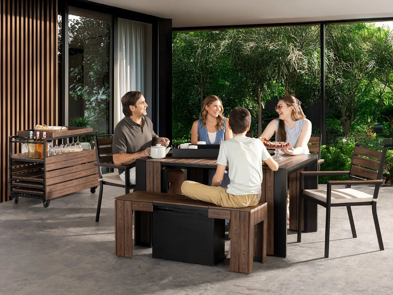 Transformer Table outdoor dining set in a modern patio setting with expandable table and matching chairs