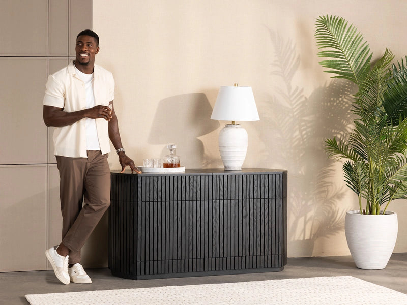 Transformer Table round sideboard buffet in a modern wood finish