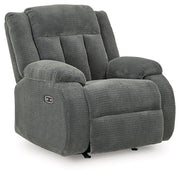 Ashley Furniture Observation Power Recliner in closed position, showcasing plush upholstery and sleek design from an angled view.