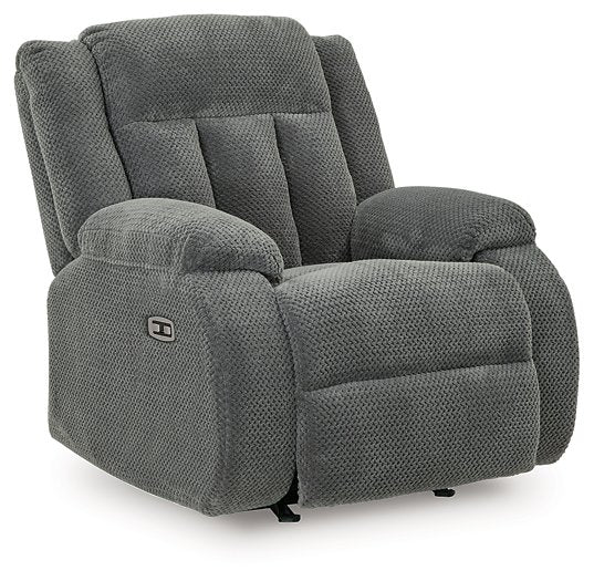 Ashley Furniture Observation Power Recliner in closed position, showcasing plush upholstery and sleek design from an angled view.
