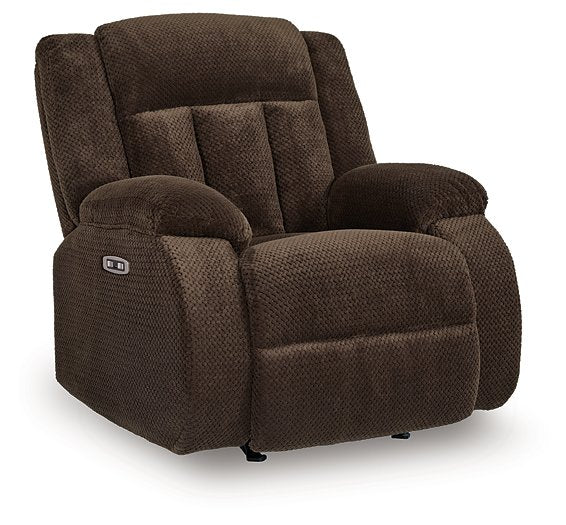Ashley Furniture Observation Power Recliner in a closed angle view, showcasing the soft fabric upholstery and reclining mechanism.