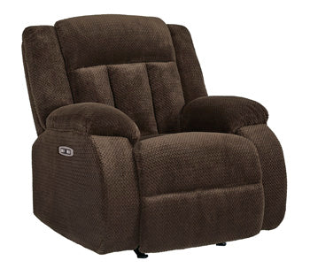 Ashley Furniture Observation Power Recliner in closed position, showcasing plush upholstery and modern design from a side angle.