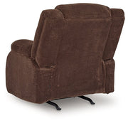 Ashley Furniture observation power recliner with plush fabric and adjustable backrest, shown in a comfortable reclined position.