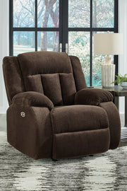 Close-up of Ashley Furniture Observation Power Recliner showing the plush fabric upholstery and built-in reclining mechanism.