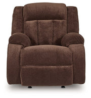 Ashley Furniture Observation Power Recliner showing plush fabric, padded armrests, and reclining mechanism in a living room setting.