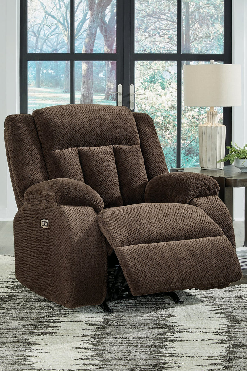 Ashley Furniture Observation Power Recliner in open position, featuring plush upholstery and modern design.