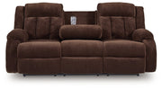 Ashley Furniture Observation Power Reclining Sofa with drop-down table, showing open recline and built-in features.