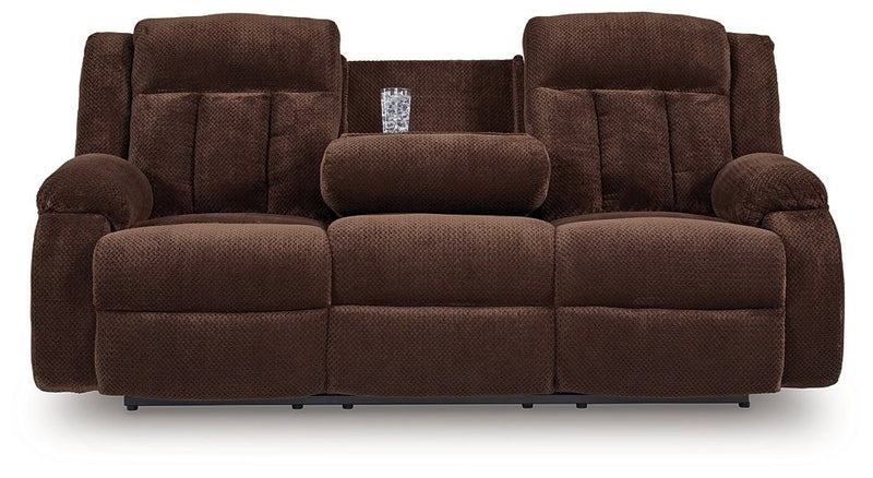 Ashley Furniture Observation Power Reclining Sofa with drop-down table, showing open recline and built-in features.