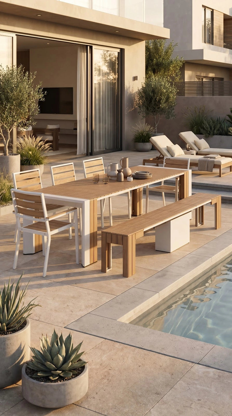 Transformer Table outdoor dining set with expandable table and matching benches”】【