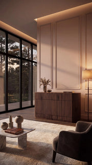 Transformer Table round sideboard buffet in a contemporary design, shown closed with a smooth wood finish