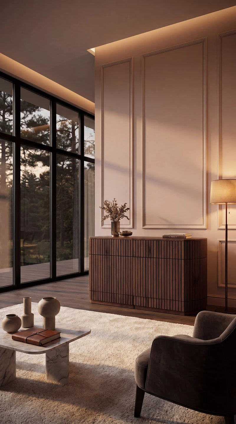 Transformer Table round sideboard buffet in a contemporary design, shown closed with a smooth wood finish