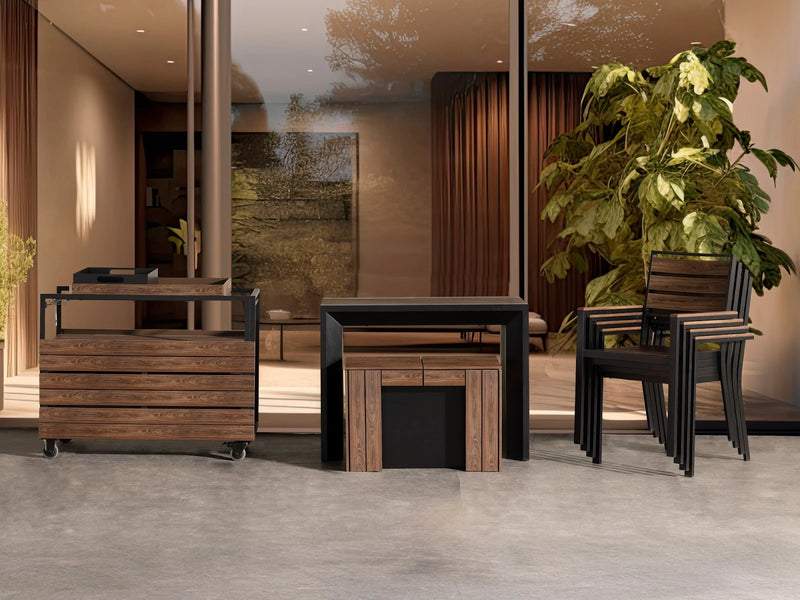 Transformer Table outdoor dining table by Transformer Table, expanded with a natural wood finish