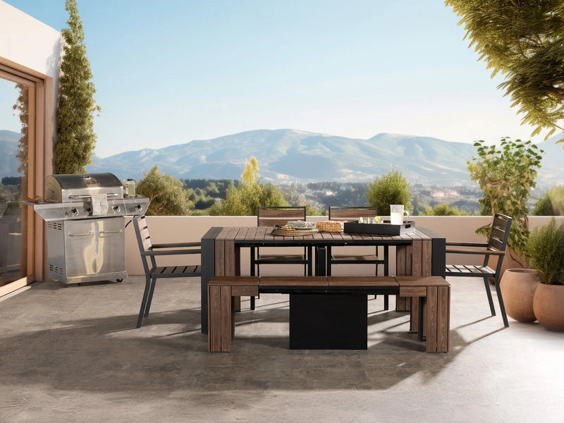 Transformer Table outdoor dining set with expandable table and matching benches on a patio