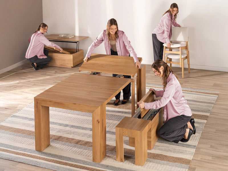 Transformer Table dining table shown in its compact form with a modern wood finish