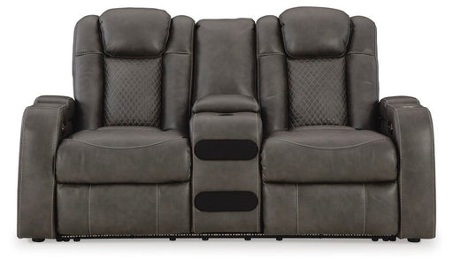 Ashley Furniture Fyne-Dyme Power Reclining Loveseat with Console, shown head-on in a sleek, modern living room setting