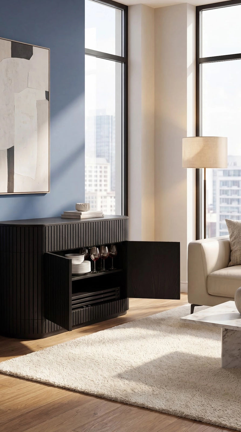 Transformer Table round sideboard buffet in a modern wood design with spacious cabinet storage