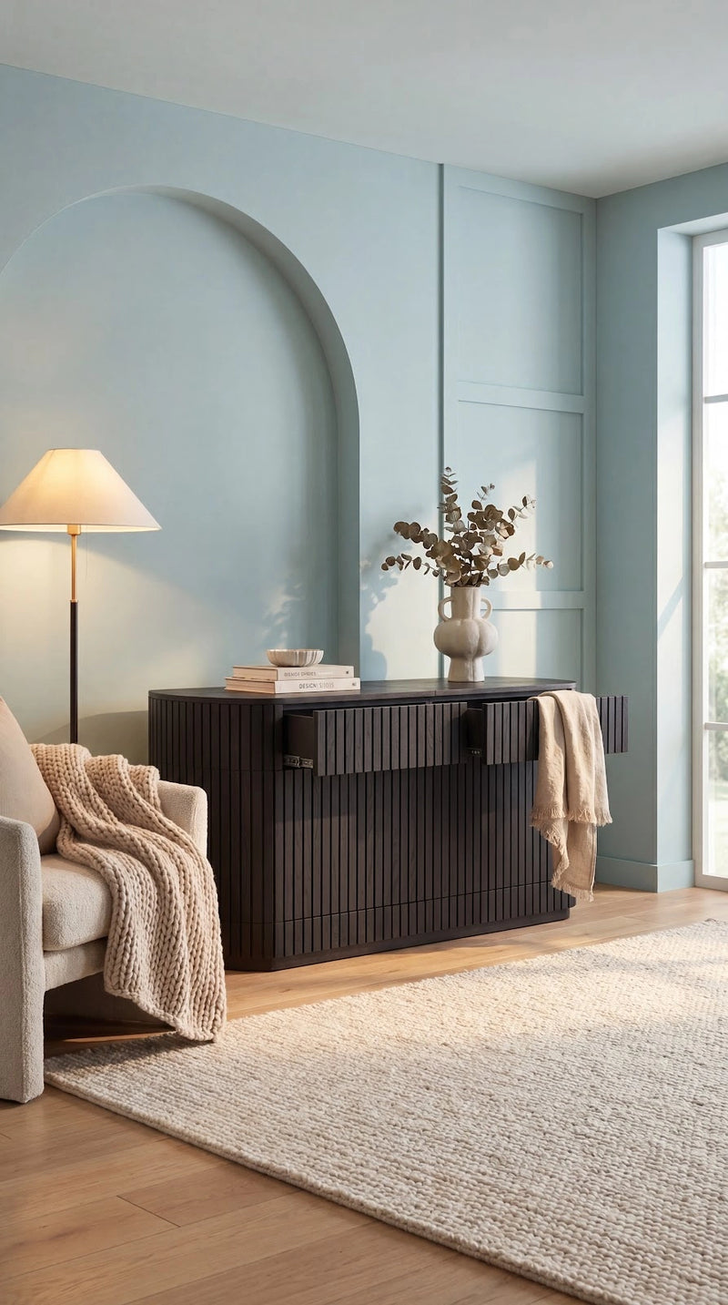 Transformer Table round sideboard buffet in a modern wood finish
