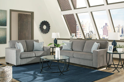 Altari Room Set lamp set by Ashley Furniture featuring three stylish table lamps with beige shades and wooden bases.