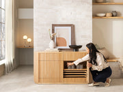 Transformer Table Round Sideboard buffet in a sleek, modern design for dining and storage