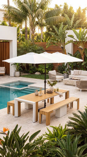Transformer Table outdoor dining set with extendable table and matching chairs in a modern patio setting