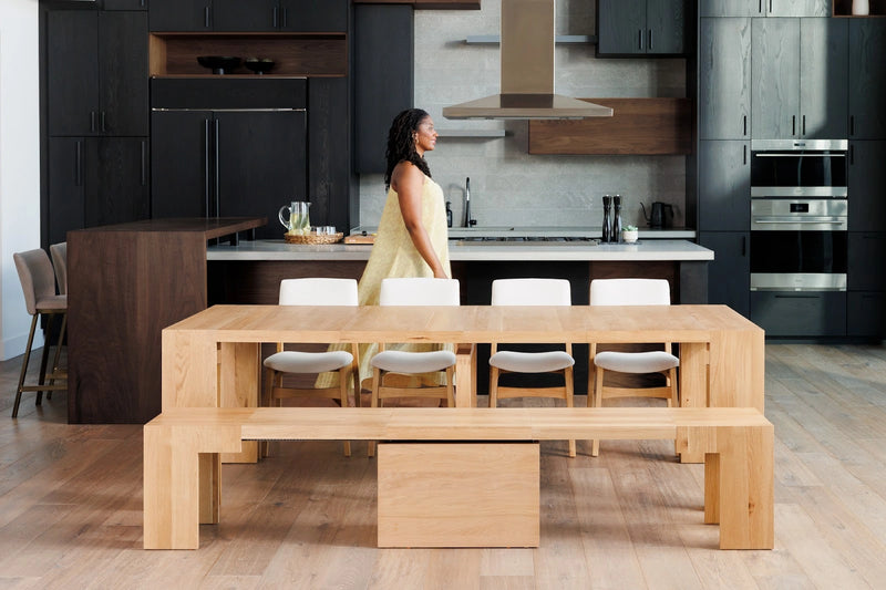 Transformer Table dining set with expandable dining table and matching chairs in a modern wood finish