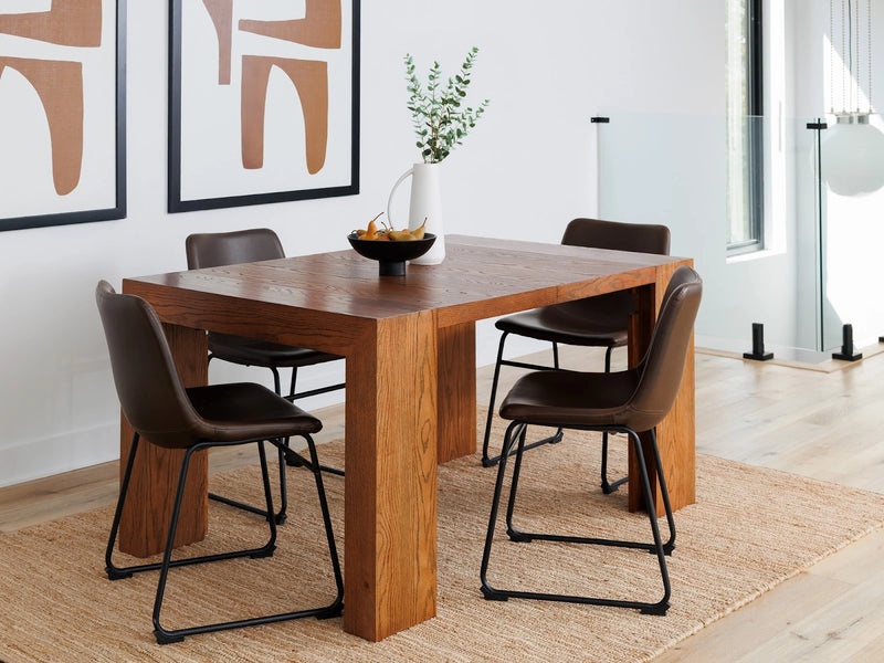 Transformer Table dining table in adjustable extended configuration with a modern wood finish