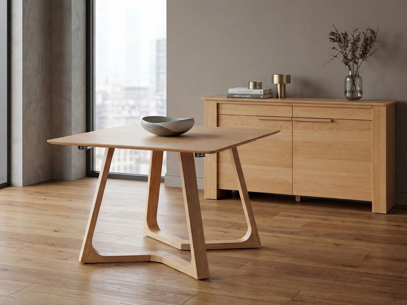 Transformer Table Nova dining table in natural wood finish, shown as a modern extendable table