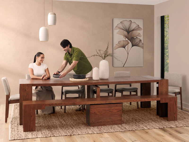 Transformer Table dining set with expandable dining table and matching benches in a modern finish