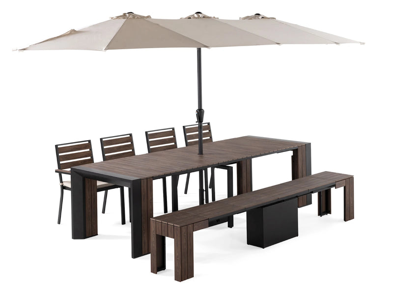 Transformer Table outdoor dining set with expandable table and matching benches in a modern outdoor setting
