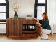Transformer Table round sideboard buffet in a modern wood finish with a spacious cabinet and rounded design