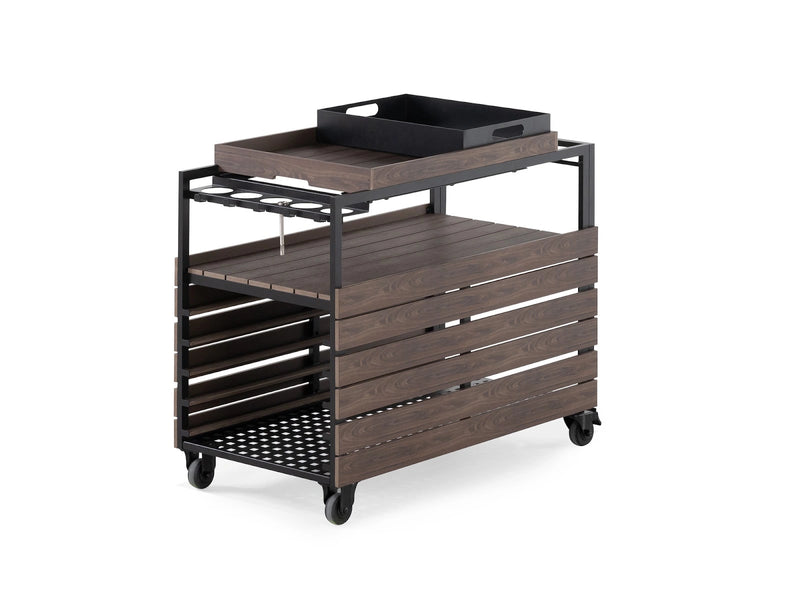 Transformer Table outdoor bar cart in black with storage shelves and wheels