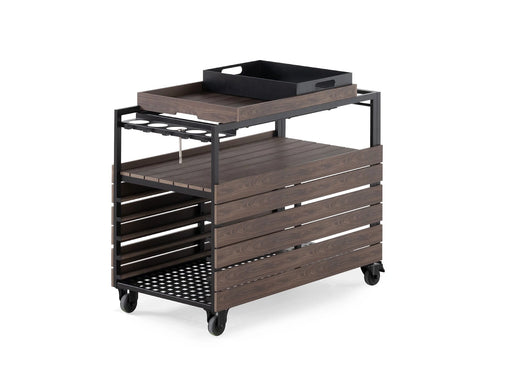 Transformer Table outdoor bar cart in black with storage shelves and wheels