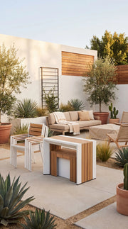 Transformer Table outdoor dining set with expandable table and matching benches in a modern outdoor setting
