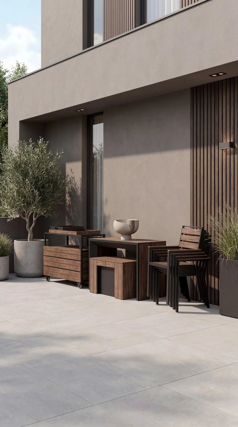 Transformer Table outdoor dining set with expandable table and matching chairs.