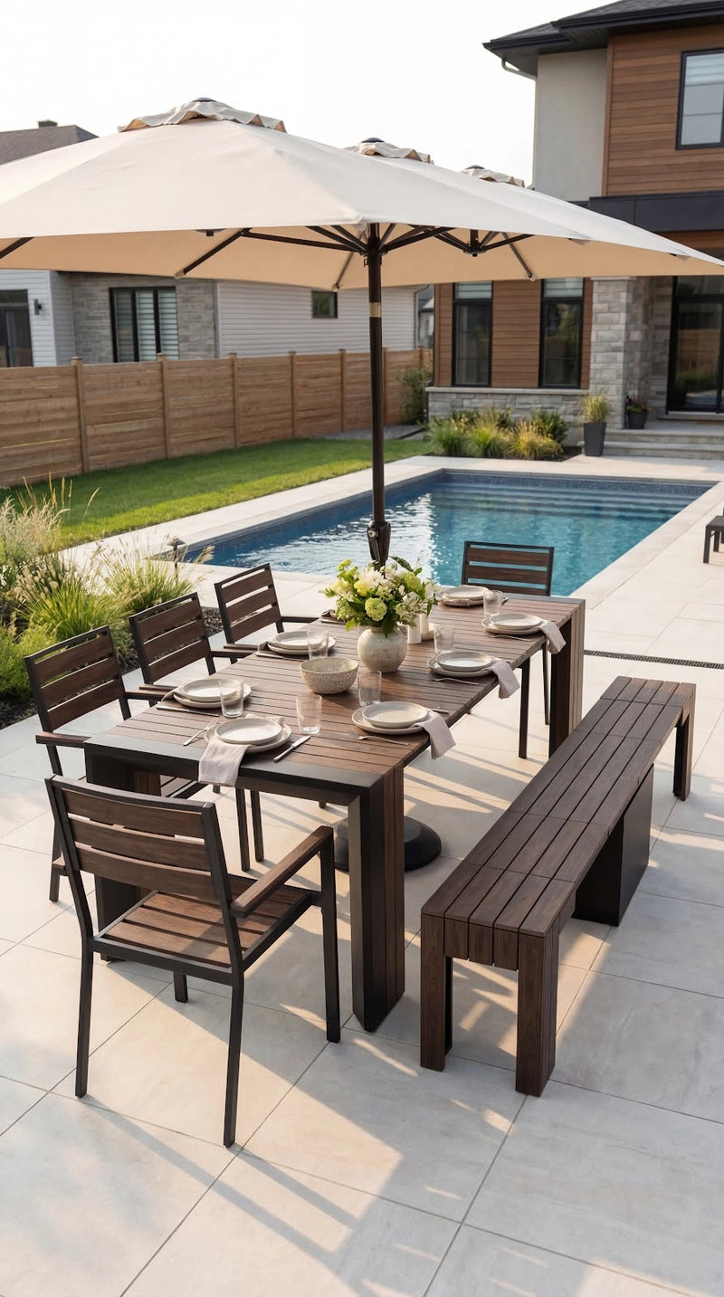 Transformer Table outdoor dining set with expandable table and matching chairs on a patio