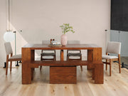 Transformer Table dining set with expandable wood table and matching benches shown together