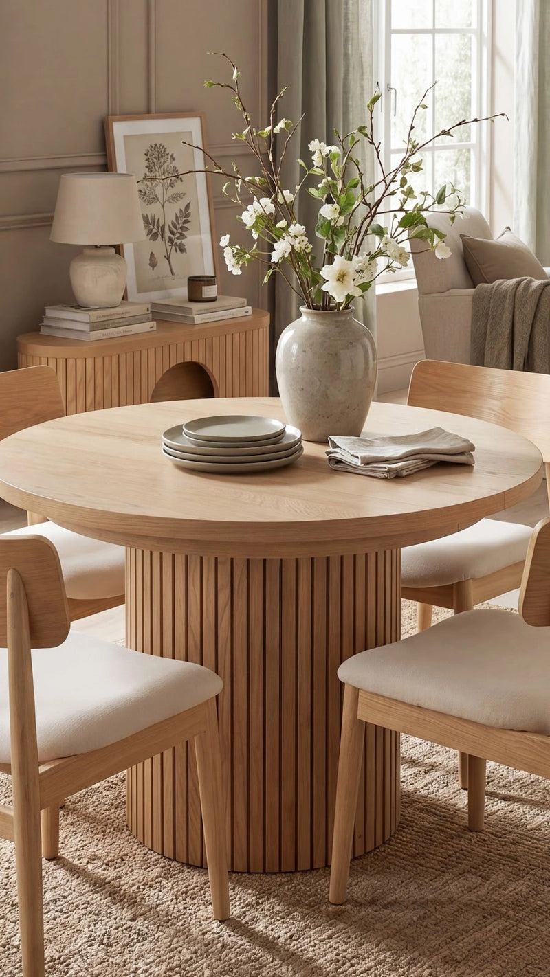 Transformer Table round dining set with expandable round table and matching chairs in a modern dining space