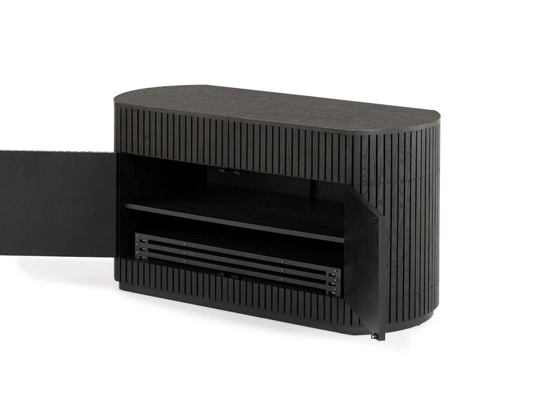 Transformer Table round sideboard buffet in a modern design, shown closed for compact storage