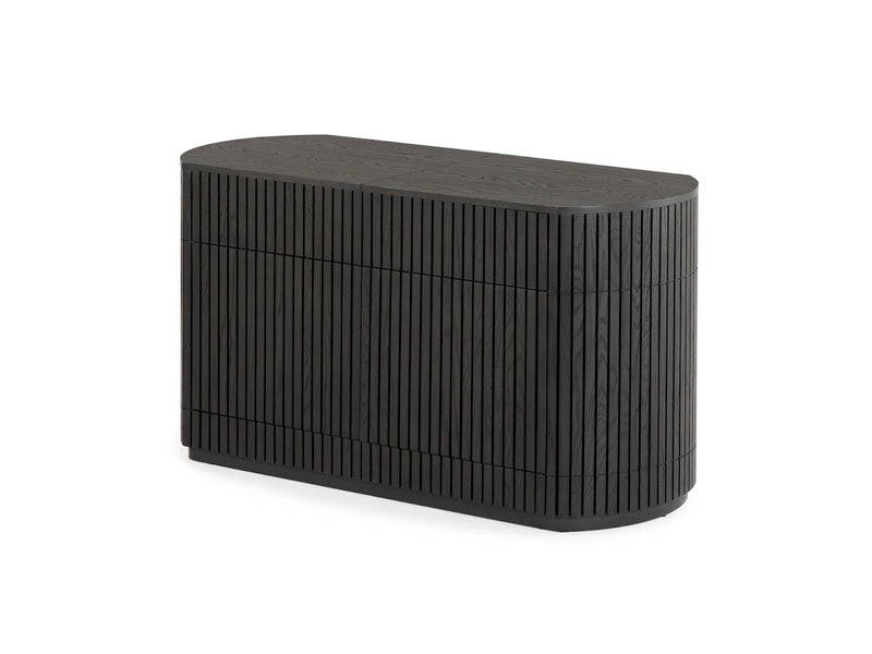 Transformer Table round sideboard buffet in a modern design, shown with its curved silhouette and storage compartments