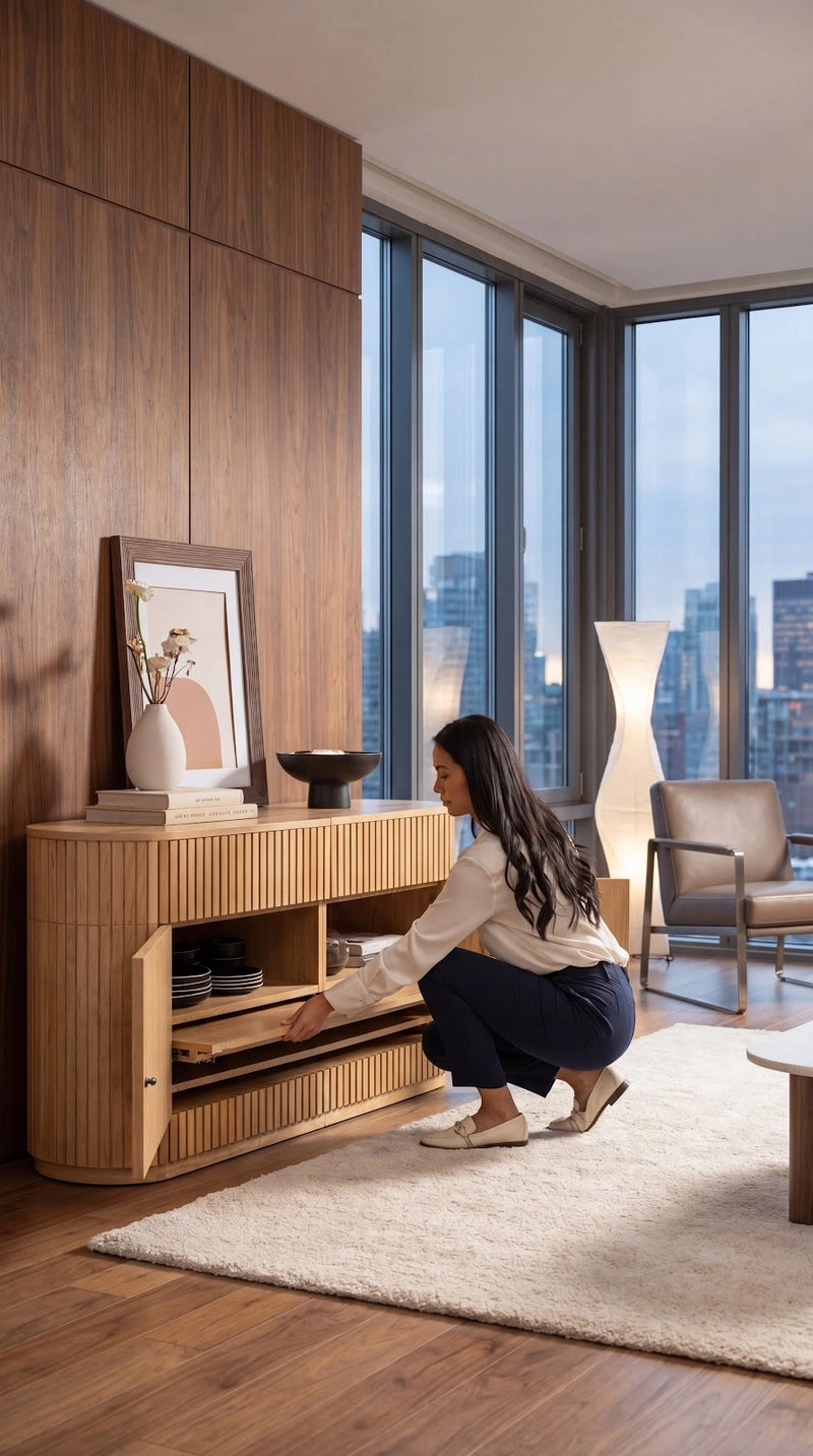 Transformer Table round sideboard buffet in a modern wood finish with curved doors and spacious storage cabinets