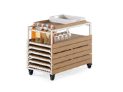 Transformer Table outdoor bar cart with wood finish, spacious serving surface, and storage shelves