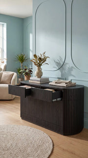 Transformer Table Round Sideboard buffet in a modern wood design with rounded edges and spacious storage cabinets