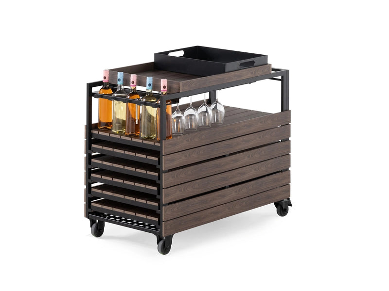 Transformer Table outdoor bar cart with black metal frame and wood shelves in a patio setting
