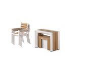Transformer Table outdoor dining set with expandable table and matching benches surrounded by greenery